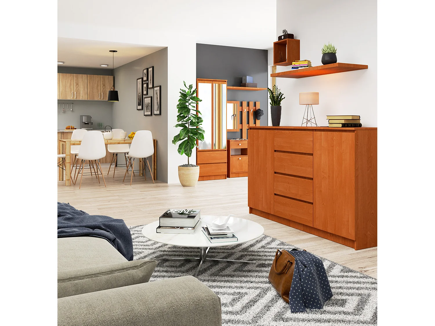 Grande Commode pour le salon AKORD K160 Aulne 160 cm 2 portes 4 tiroirs façade Aulne 4 étagères 160x40x99 cm