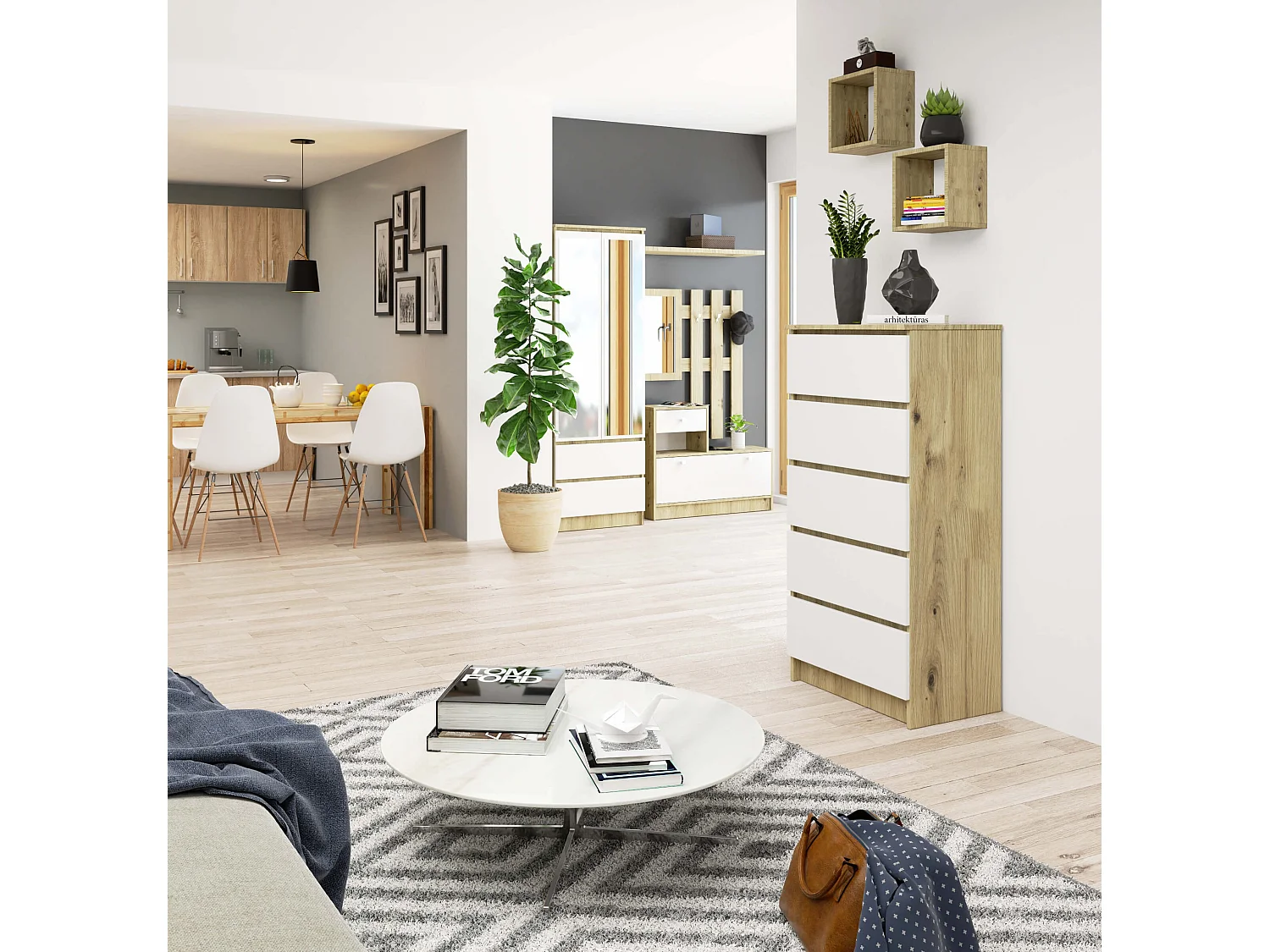 Cassettiera AKORD K60 Cassettiera Quercia Artisan 60 cm 5 cassetti inserto frontale Bianco 60x40x121 cm