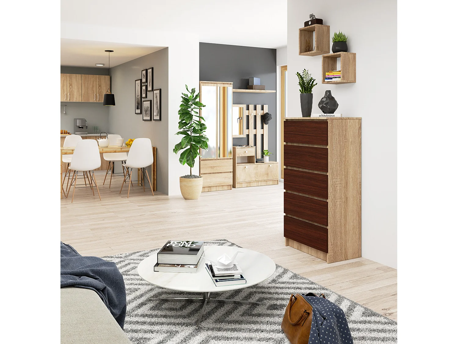 Commode AKORD K60 Chêne Sonoma 60 cm 5 tiroirs façade Wengé 60x40x121 cm