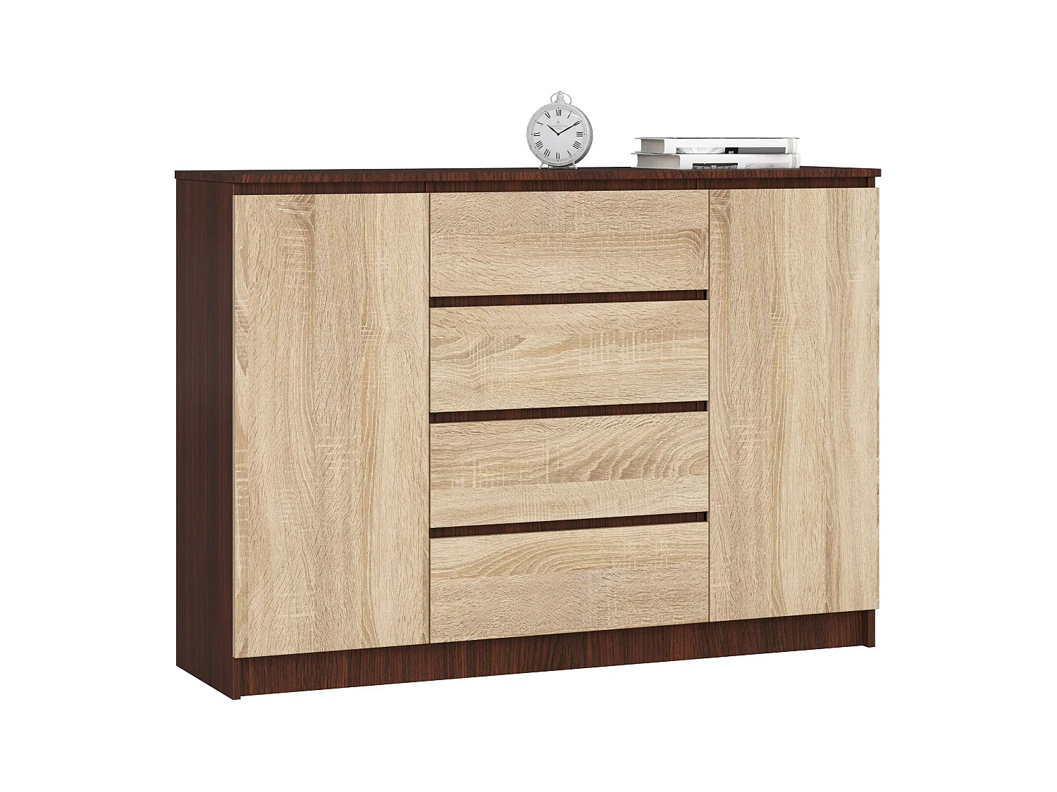 Commode AKORD K140 Wengé 138 cm 2 portes 4 tiroirs façade Chêne Sonoma 4 étagères 138x40x99 cm