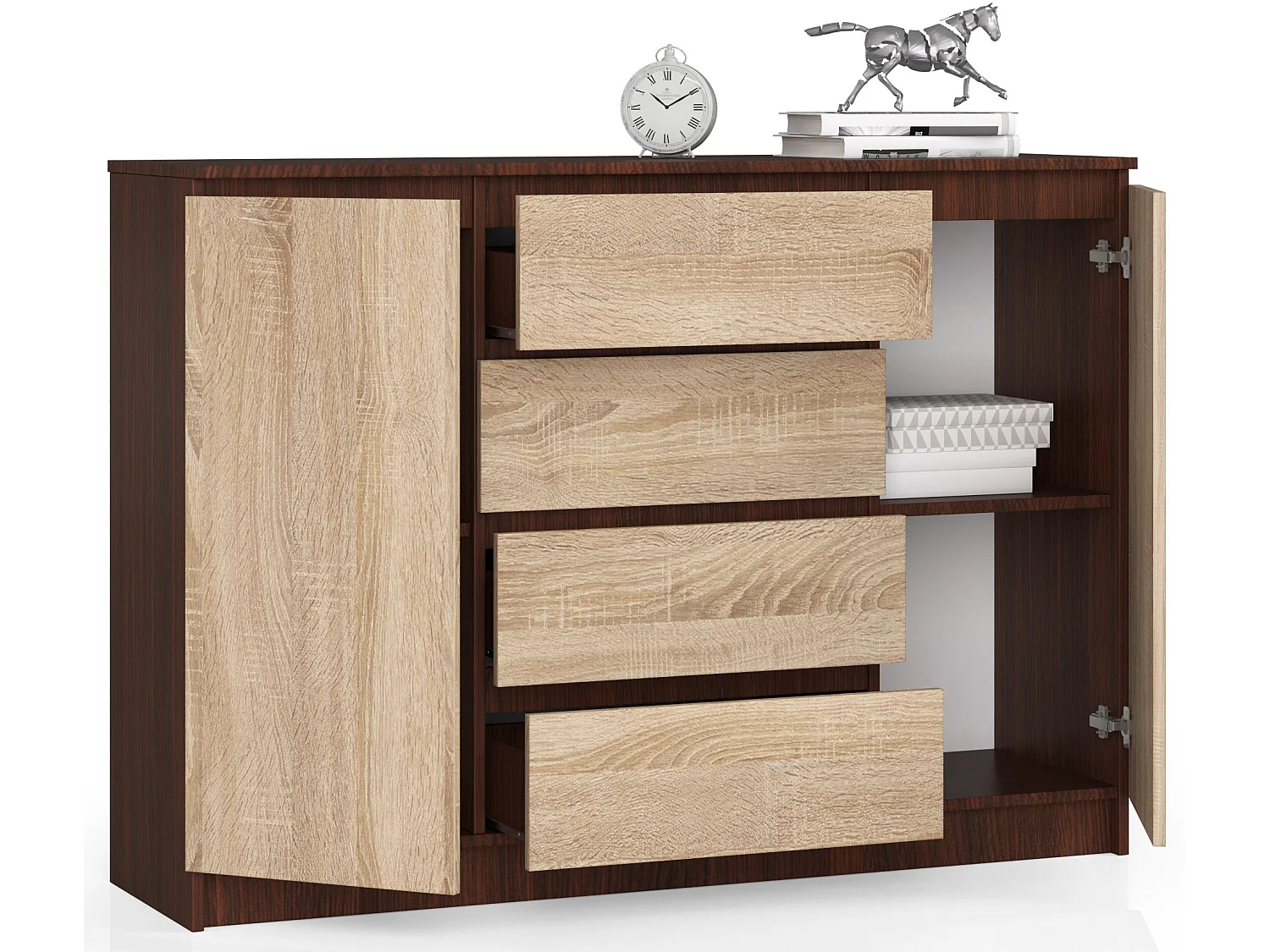 Commode AKORD K140 Wengé 138 cm 2 portes 4 tiroirs façade Chêne Sonoma 4 étagères 138x40x99 cm