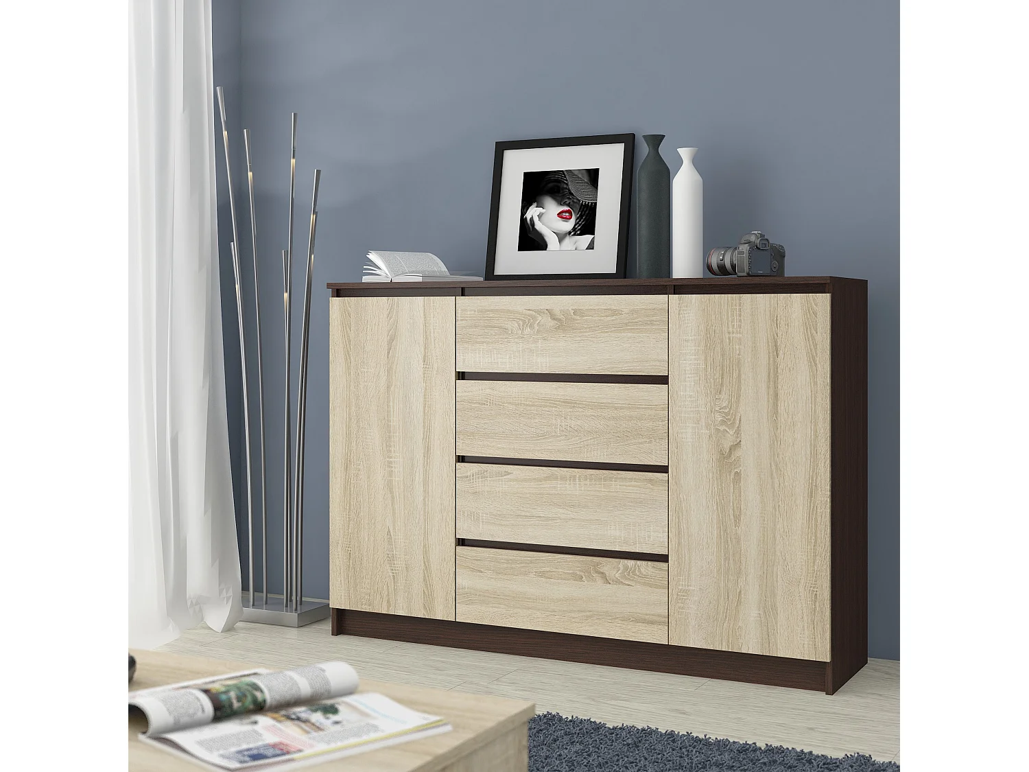 Commode AKORD K140 Wengé 138 cm 2 portes 4 tiroirs façade Chêne Sonoma 4 étagères 138x40x99 cm