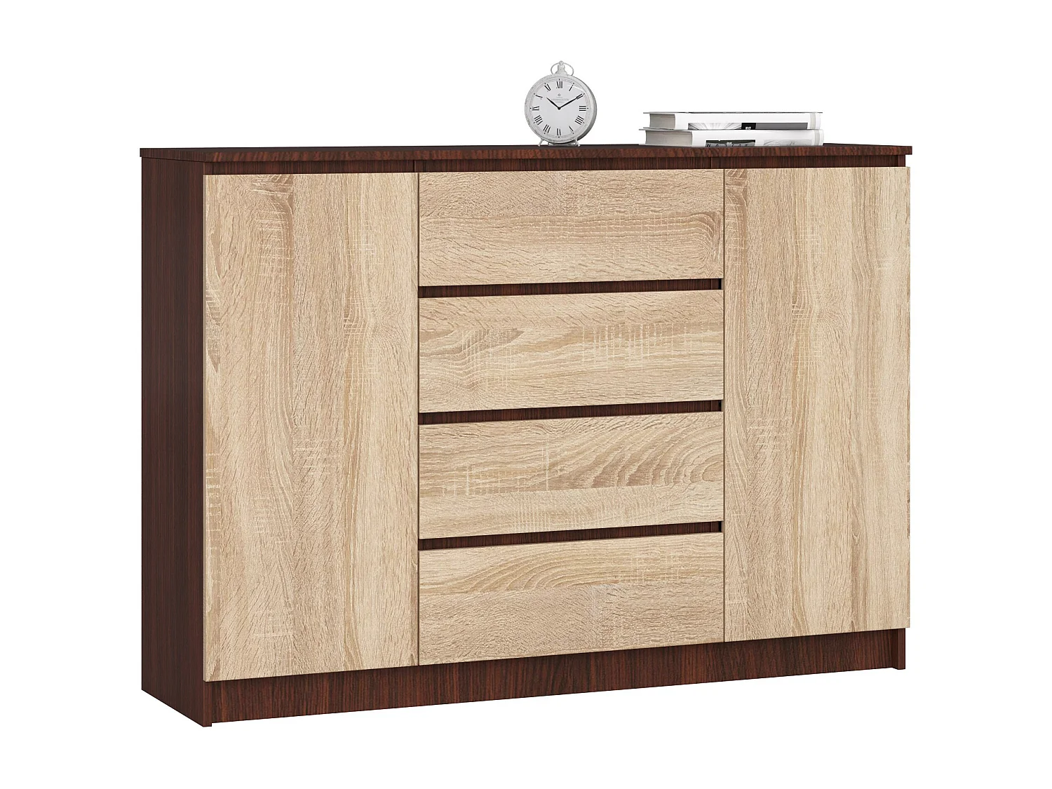 Commode AKORD K140 Wengé 138 cm 2 portes 4 tiroirs façade Chêne Sonoma 4 étagères 138x40x99 cm