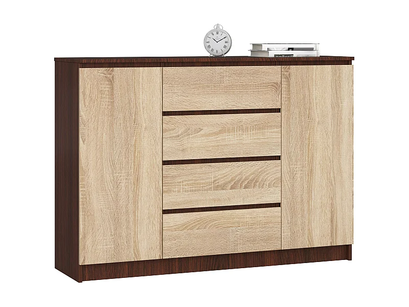 Commode AKORD K140 Wengé 138 cm 2 portes 4 tiroirs façade Chêne Sonoma 4 étagères 138x40x99 cm