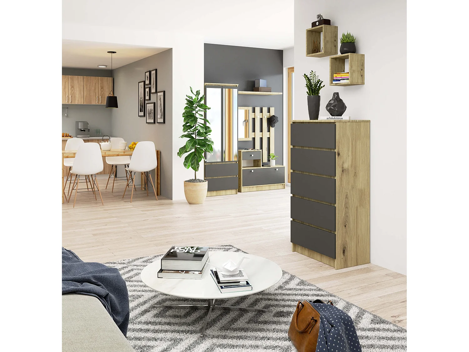 Cassettiera AKORD K60 Cassettiera Quercia Artisan 60 cm 5 cassetti inserto frontale Grigio Grafite 60x40x121 cm