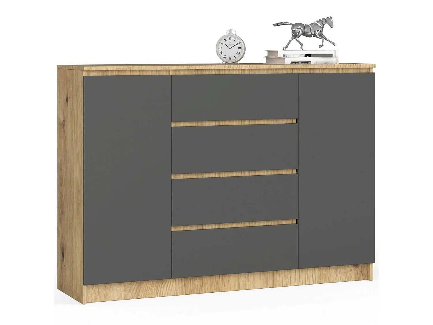Commode AKORD K140 Chêne Artisan 138 cm 2 portes 4 tiroirs façade Gris Graphite 4 étagères 138x40x99 cm