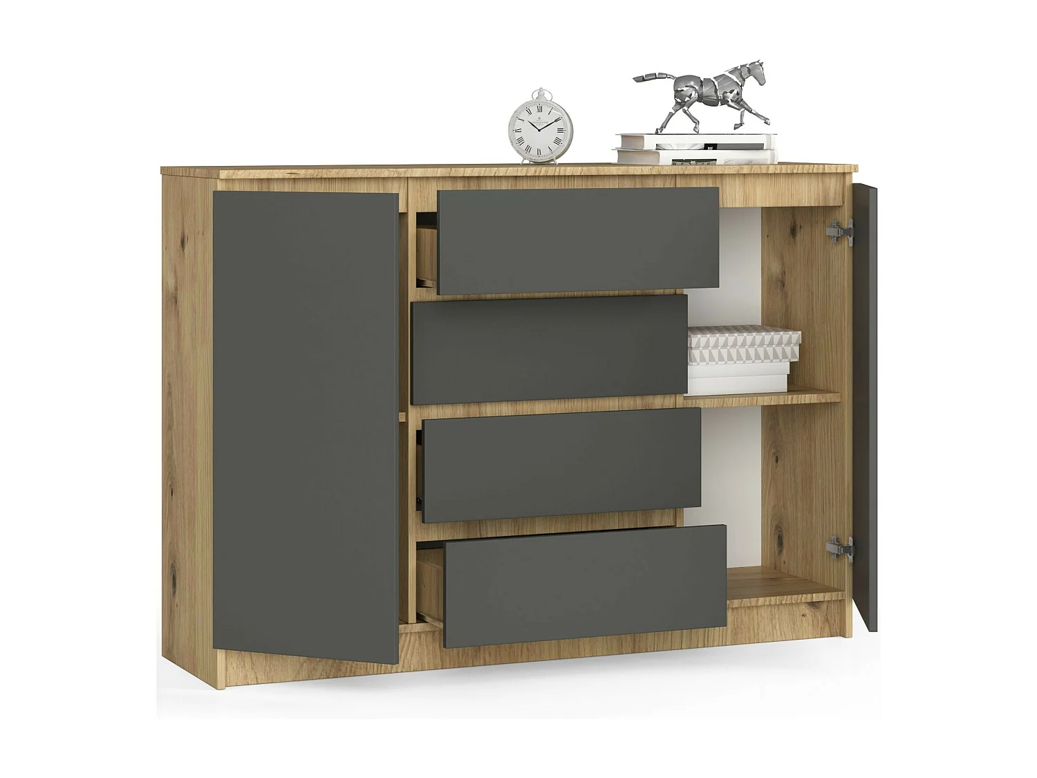 Commode AKORD K140 Chêne Artisan 138 cm 2 portes 4 tiroirs façade Gris Graphite 4 étagères 138x40x99 cm