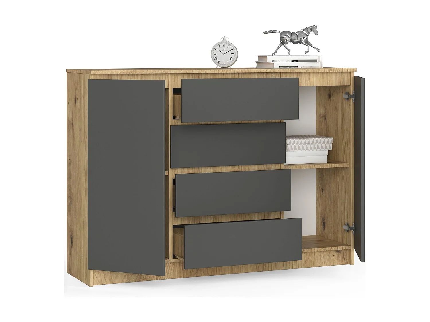 Commode AKORD K140 Chêne Artisan 138 cm 2 portes 4 tiroirs façade Gris Graphite 4 étagères 138x40x99 cm