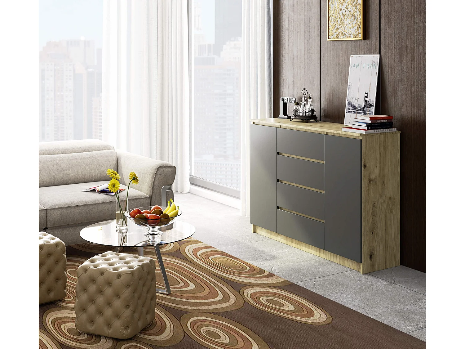 Commode AKORD K140 Chêne Artisan 138 cm 2 portes 4 tiroirs façade Gris Graphite 4 étagères 138x40x99 cm