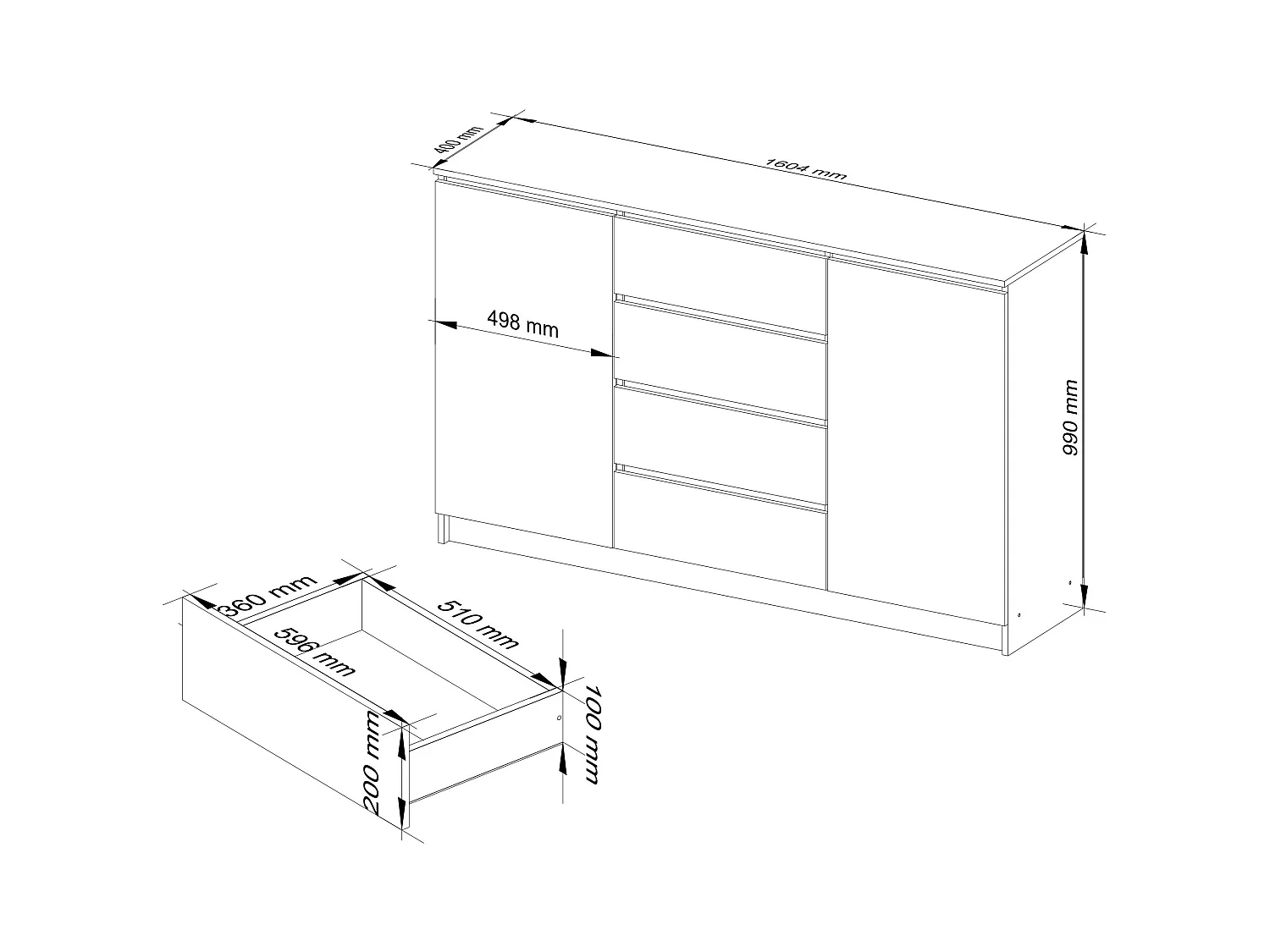Kommode AKORD K160 Weiß 160 cm 2 Türen 4 Schubladen 4 Ebenen B160 x H99 x T40 cm