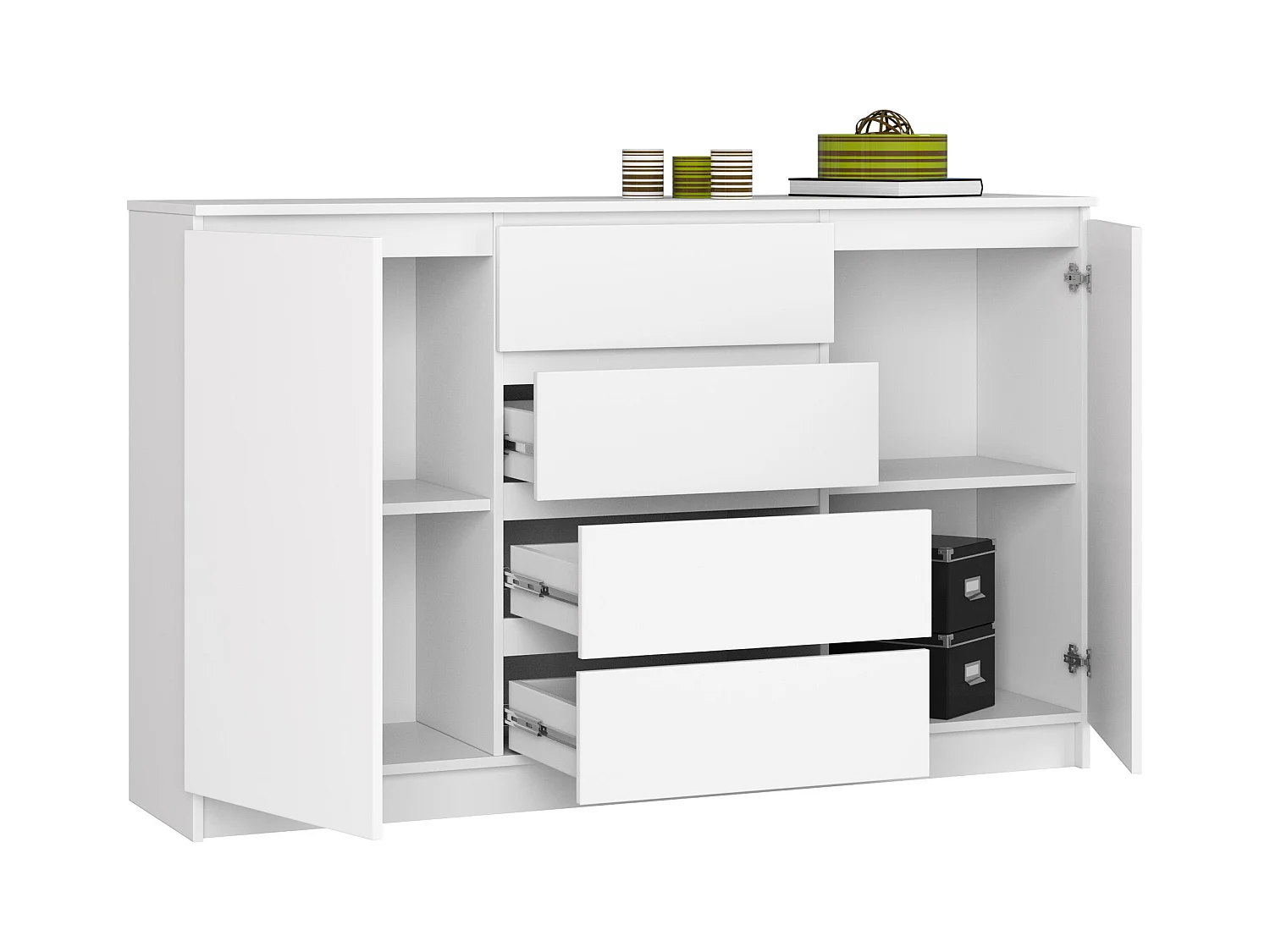 Witte Moderne Kommode K160 met 2 Deuren en 4 Lades - Zelfmontage, Tijdloos Ontwerp, Compact Opslagmeubel voor Huis en Kantoor.