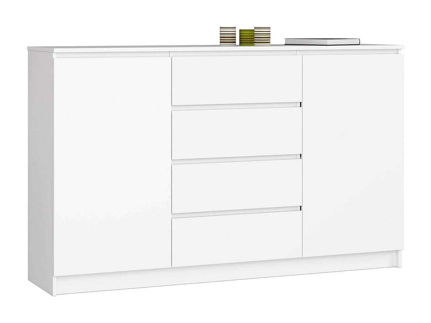 Grande Commode pour le salon AKORD K160 Blanche 160 cm 2 portes 4 tiroirs façade Blanche 4 étagères 160x40x99 cm