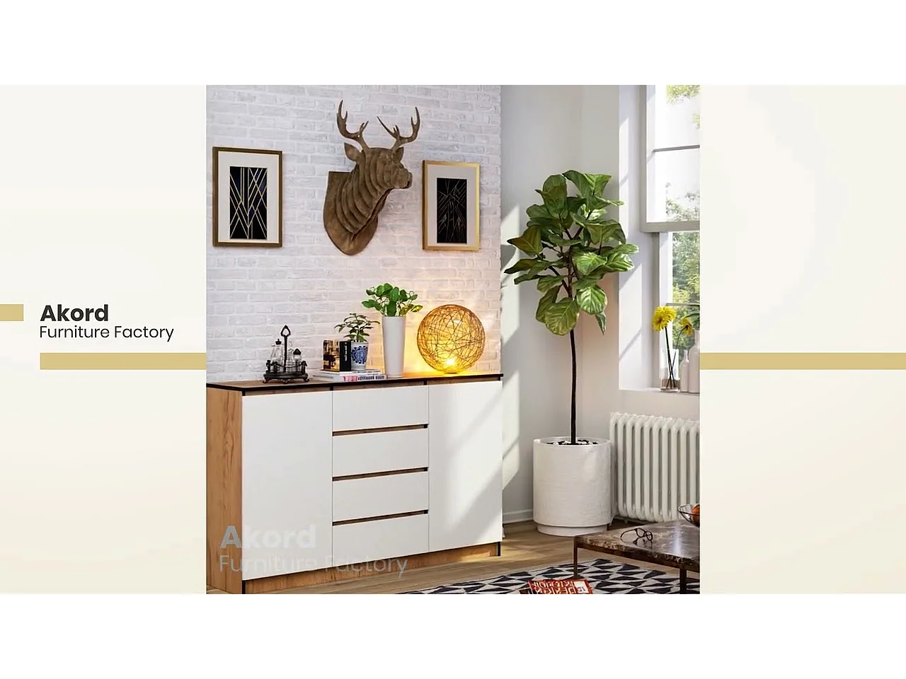 Grande Commode pour le salon AKORD K160 Blanche 160 cm 2 portes 4 tiroirs façade Blanche 4 étagères 160x40x99 cm