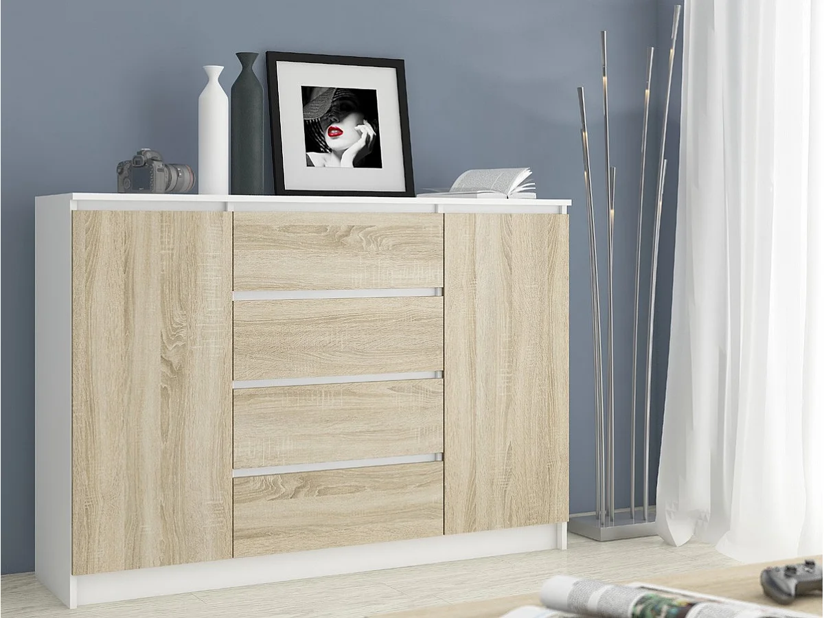 Cassettiera AKORD K140 Bianca 138 cm 2 ante 4 cassetti inserto frontale Sonoma Quercia 138x40x99 cm