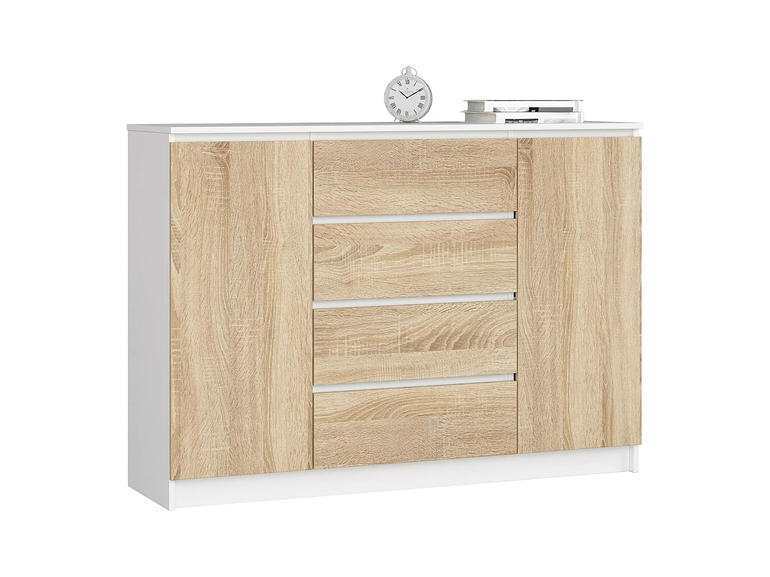 Commode AKORD K140 Blanche 138 cm 2 portes 4 tiroirs façade Chêne Sonoma 4 étagères 138x40x99 cm