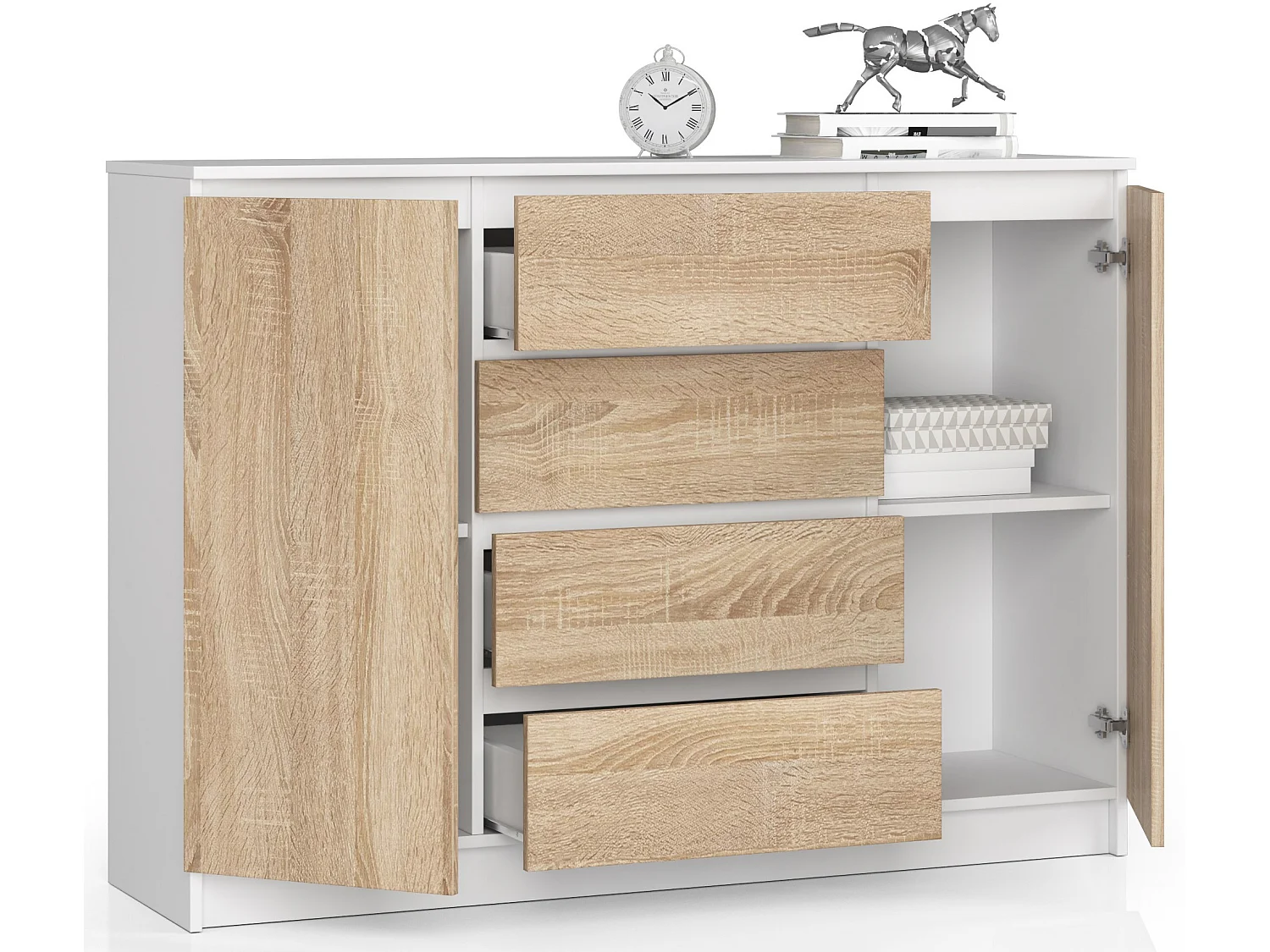 Cómoda AKORD K140 Blanco 138 cm 2 puertas 4 cajones frente en color Roble Sonoma 4 estantes 138x40x99 cm