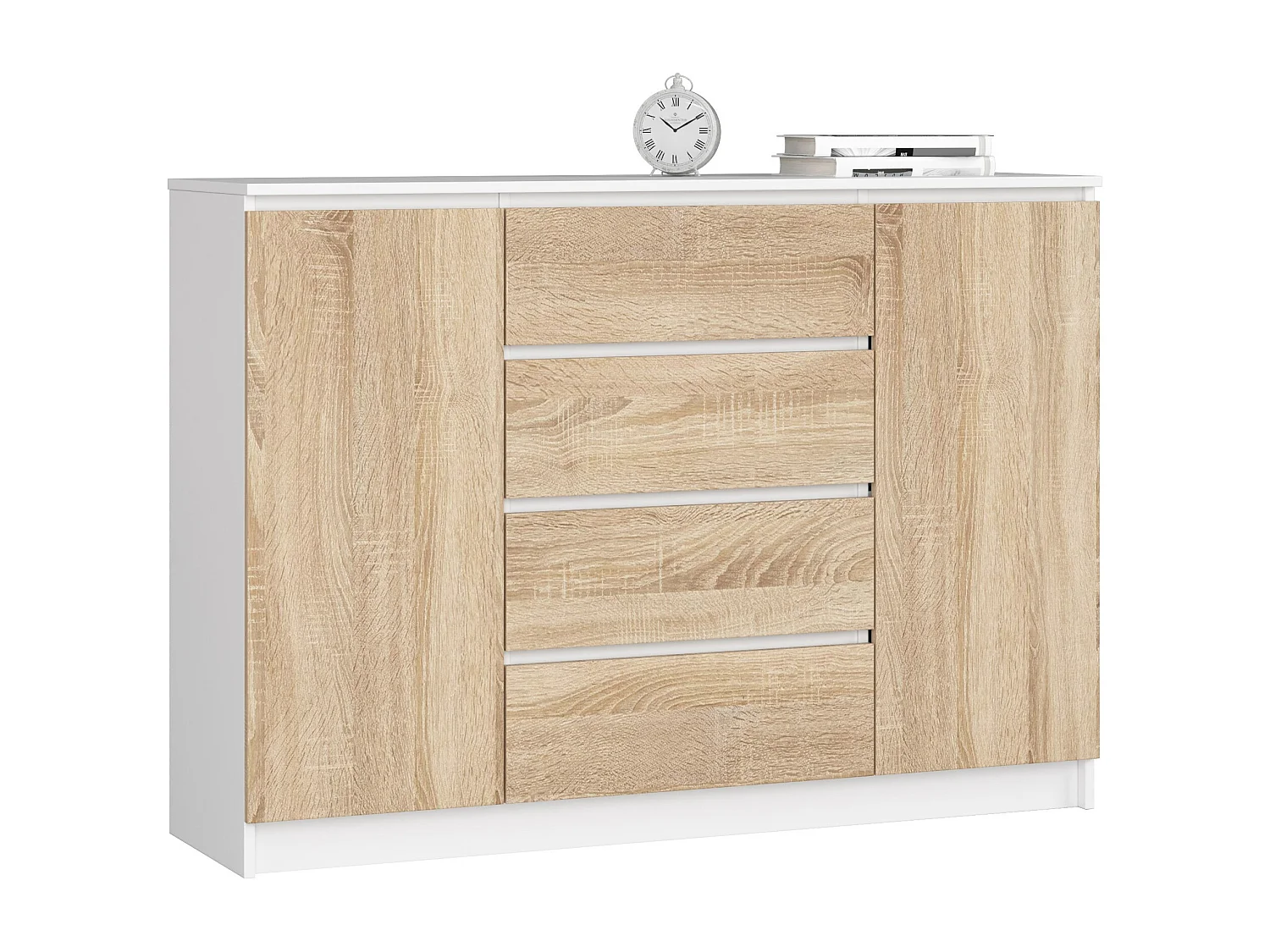 Commode AKORD K140 Blanche 138 cm 2 portes 4 tiroirs façade Chêne Sonoma 4 étagères 138x40x99 cm