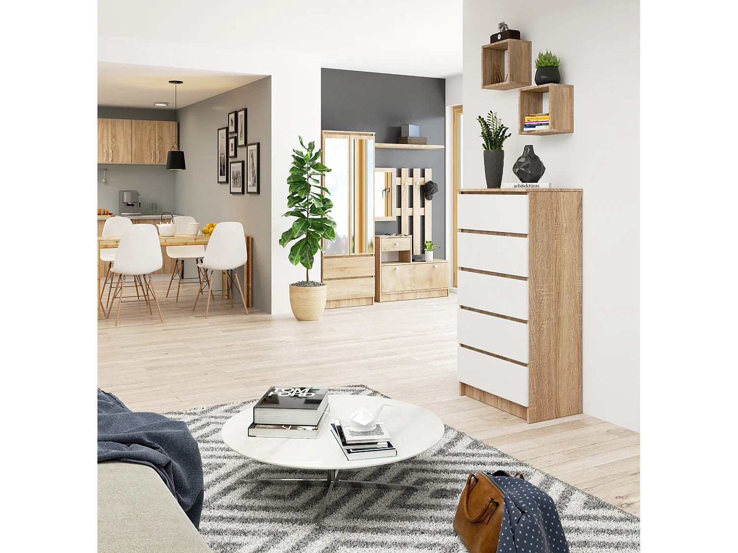 Kommode AKORD K60 Sonoma-Eiche 60 cm 5 Schubladen Front Weiß B60 x H121 x T40 cm