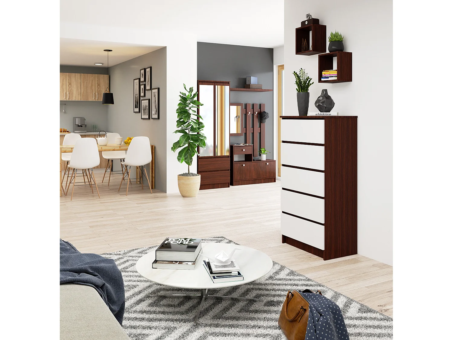 Commode AKORD K60 Wengé 60 cm 5 tiroirs façade Blanche 60x40x121 cm