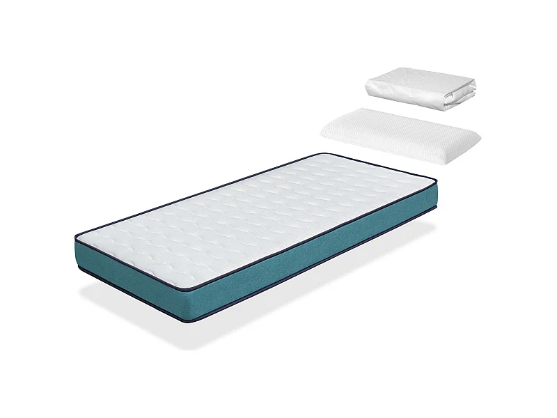 Pack Kindermatratze 90X160 PROMO CONFORT Höhe 14 CM H2 + 1 Memory Foam Kopfkissen 90x35 cm + 1 Matratzenschoner 90X160 cm