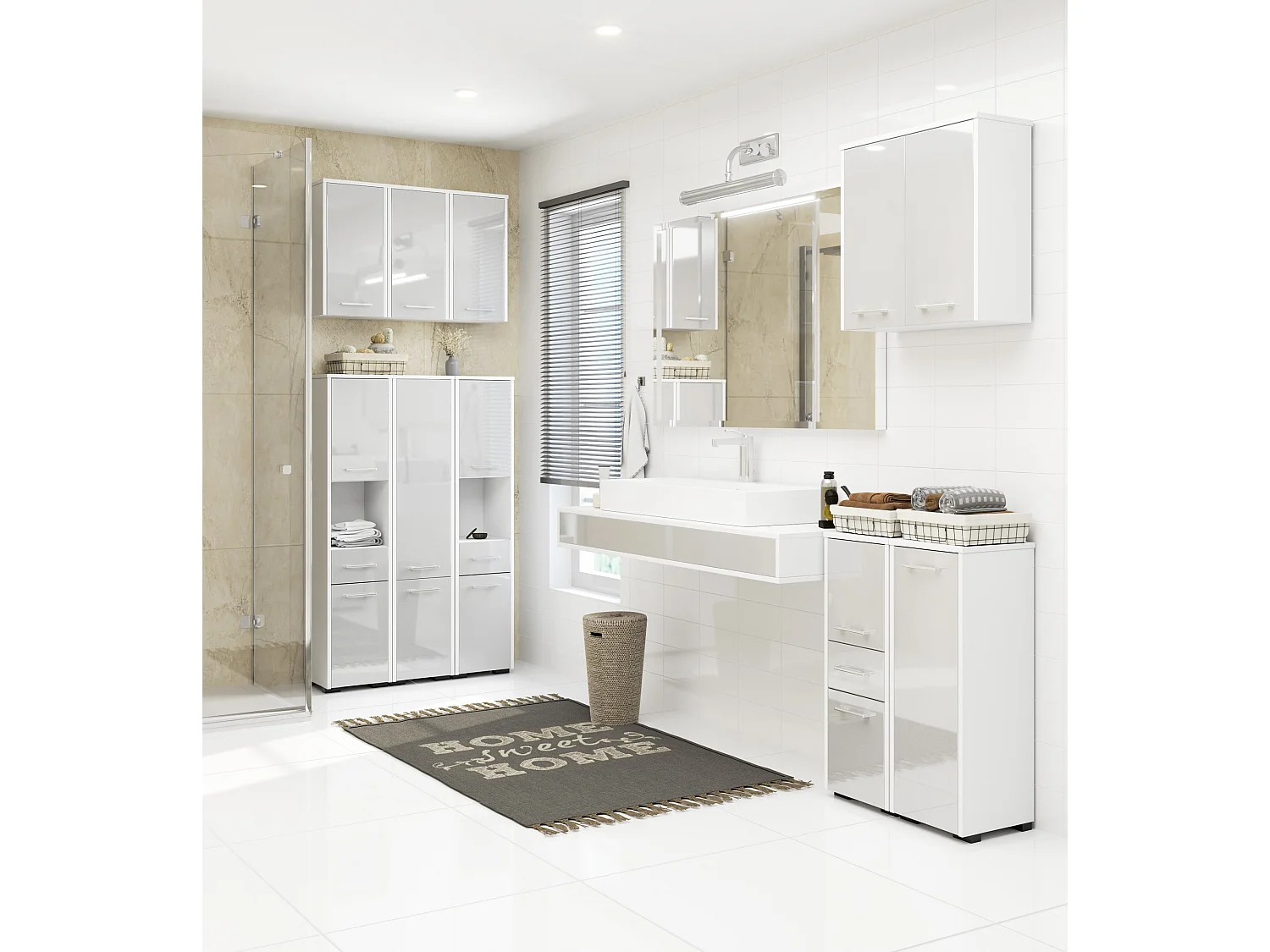 Armoire salle de bains AKORD FIN accr. au mur Blanche 60 cm 2 portes façade Métallique Brillant 2 étagères 60x22,5x60 cm