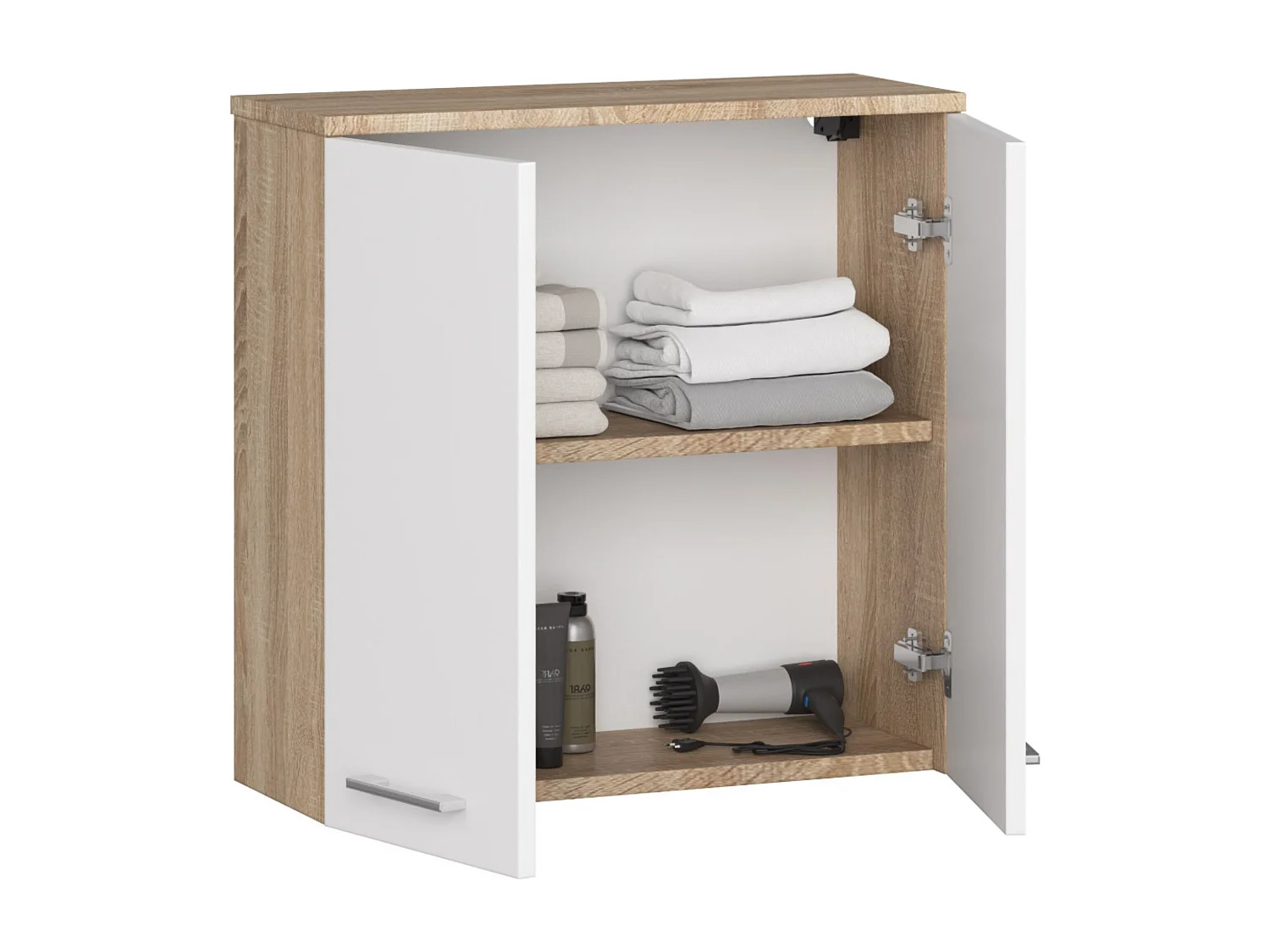Hängender Badezimmerschrank AKORD FIN Sonoma-Eiche 60 cm 2 Türen 2 Ebenen Front Weiß B60 x H60 x T22,5 cm