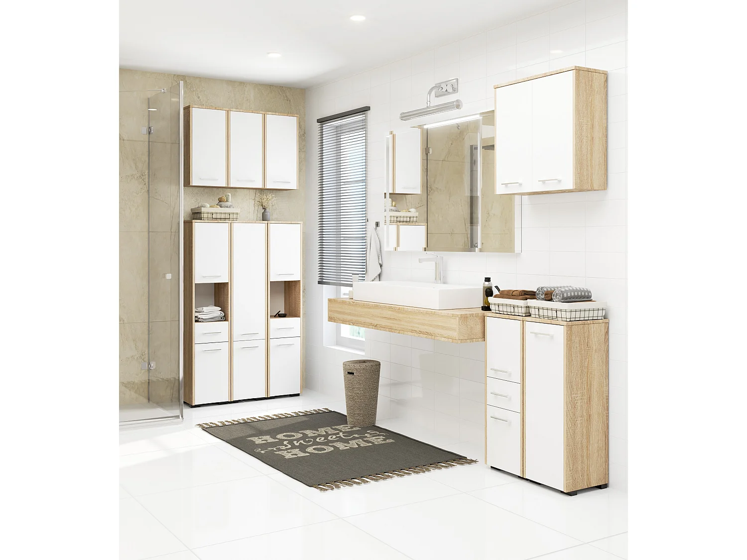 Hängender Badezimmerschrank AKORD FIN Sonoma-Eiche 60 cm 2 Türen 2 Ebenen Front Weiß B60 x H60 x T22,5 cm