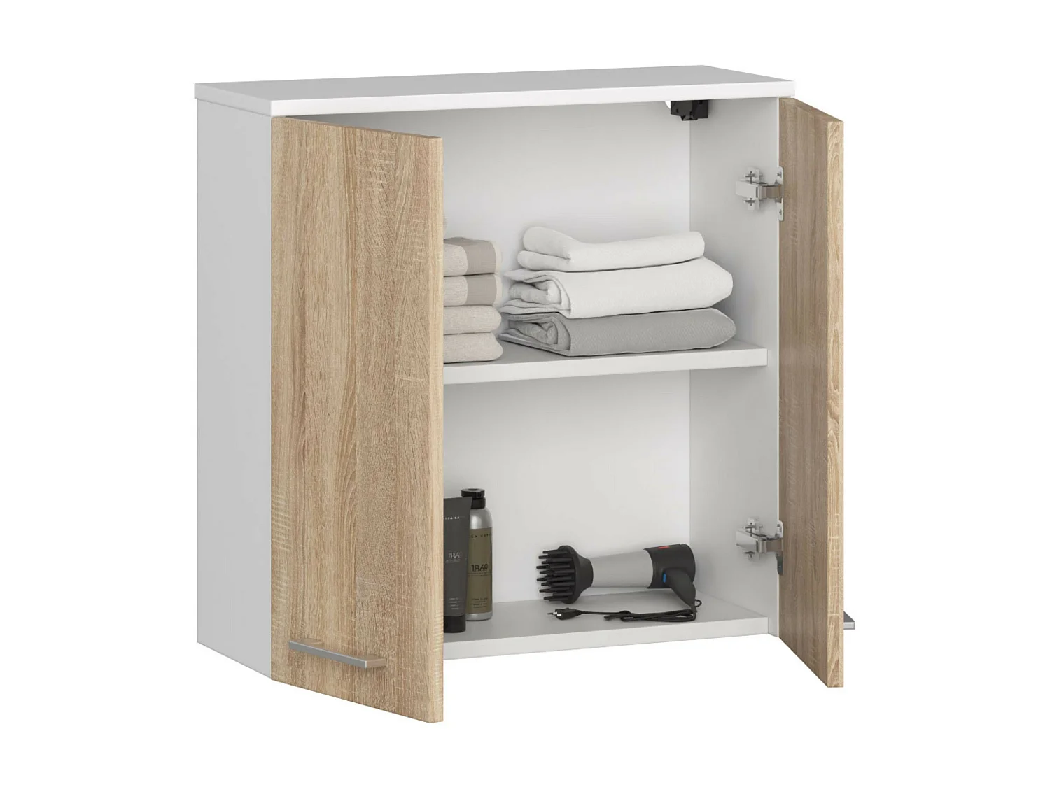 Armario colgante de baño AKORD FIN Blanco 60 cm 2 puertas frente en color Roble Sonoma 2 estantes 60x22,5x60 cm