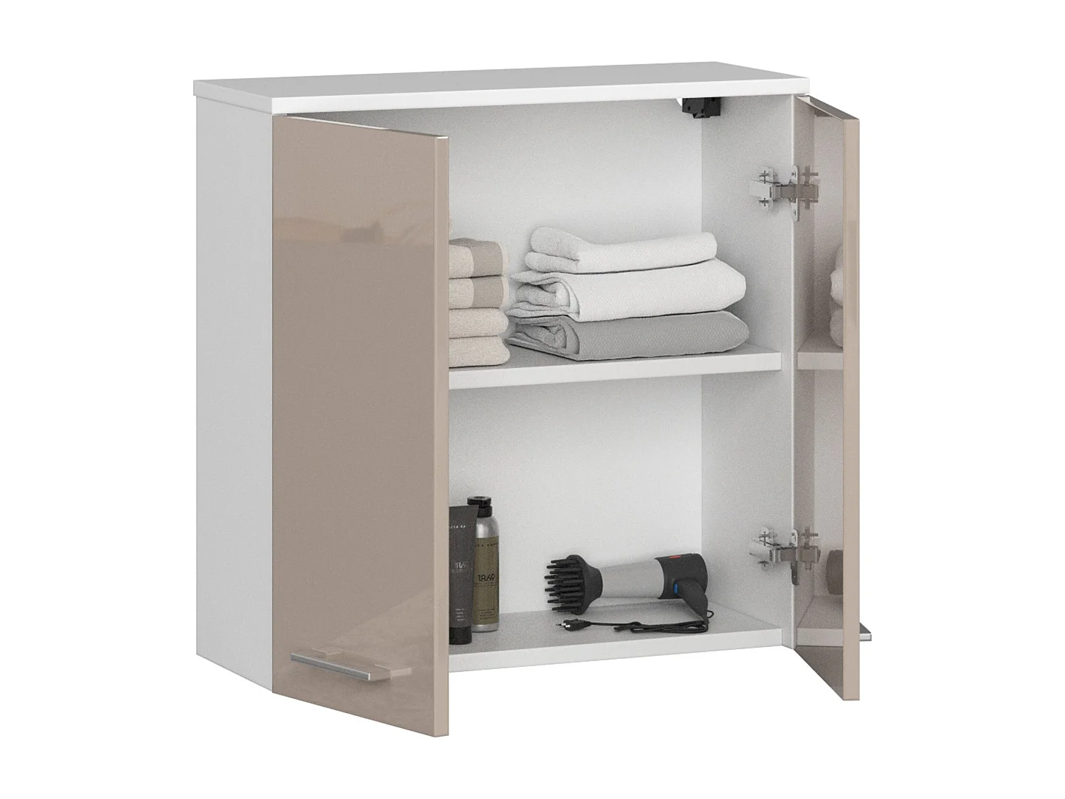 Armoire salle de bains AKORD FIN accr. au mur Blanche 60 cm 2 portes façade Cappuccino Brillant 2 étagères 60x22,5x60 cm