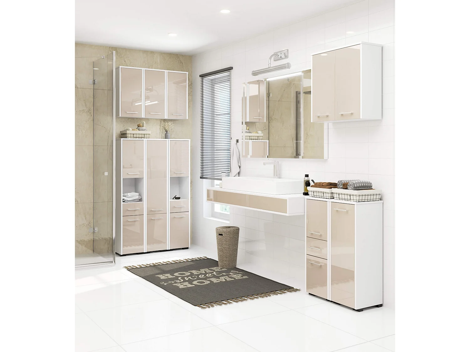Armoire salle de bains AKORD FIN accr. au mur Blanche 60 cm 2 portes façade Cappuccino Brillant 2 étagères 60x22,5x60 cm