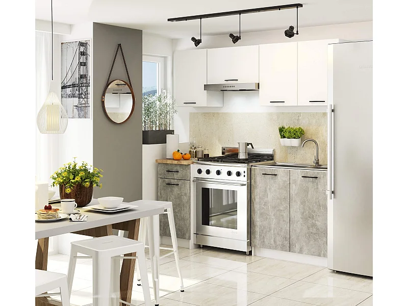 Küchenmöbelset AKORD OLIWIA Weiß 180 cm 7 Turen Schublade 8 Ebenen Front Beton B180 x H203 x T46 cm