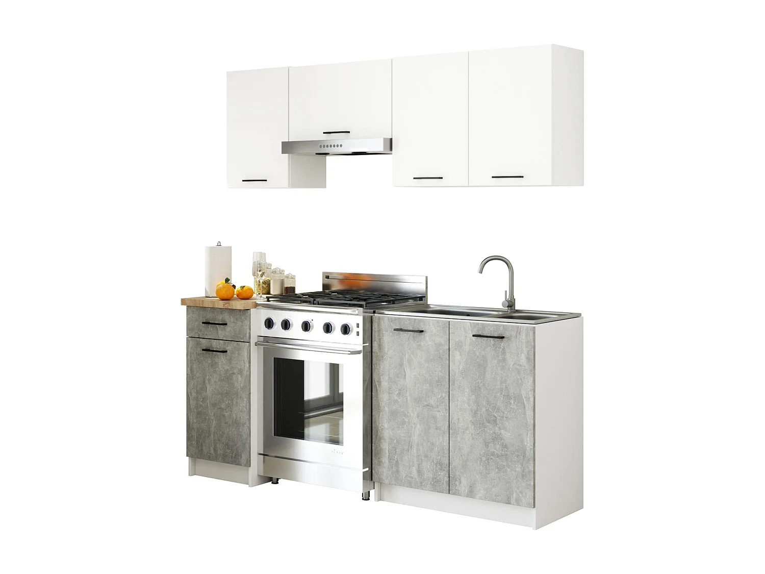 Küchenmöbelset AKORD OLIWIA Weiß 180 cm 7 Turen Schublade 8 Ebenen Front Beton B180 x H203 x T46 cm