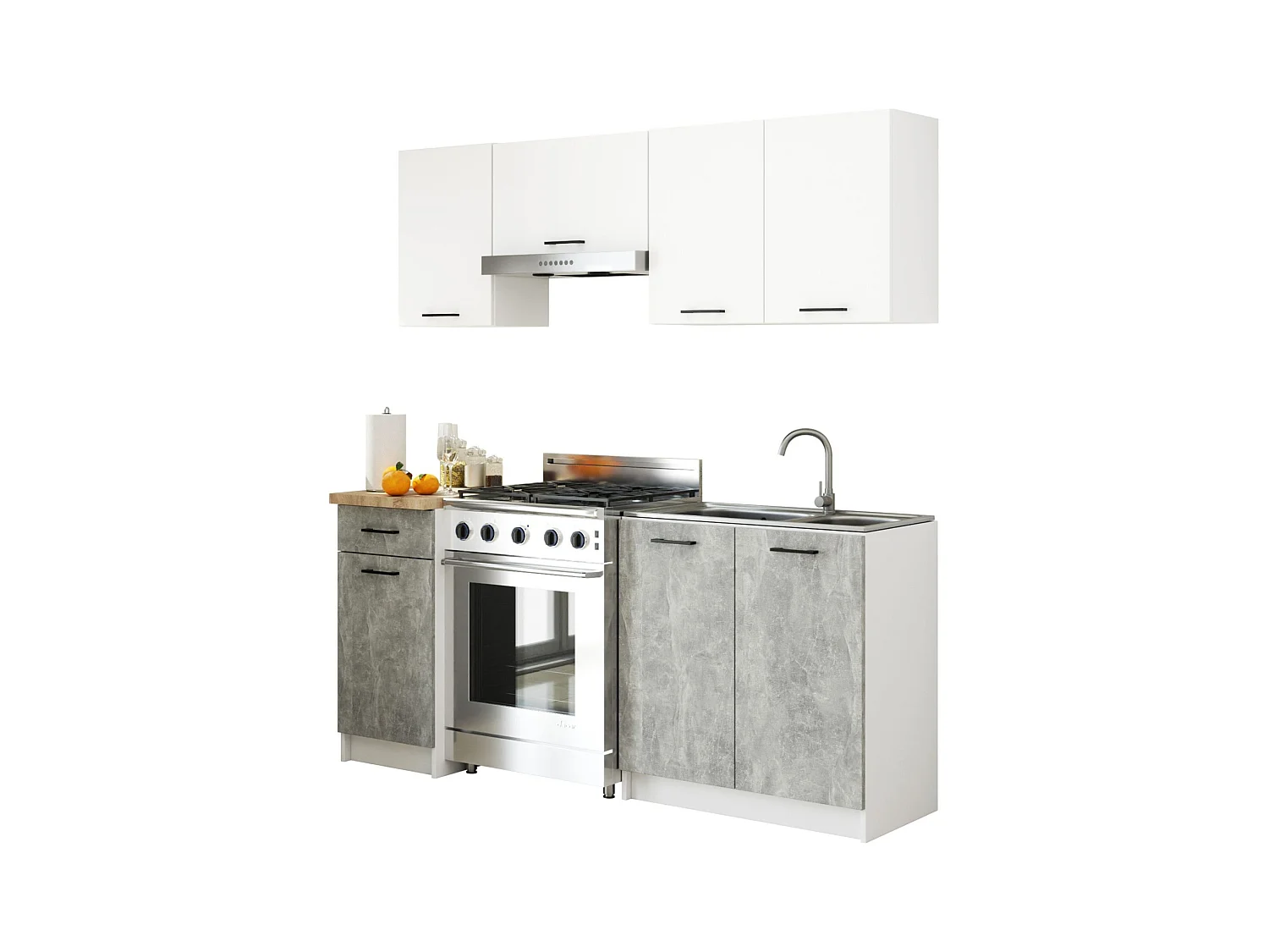 Ensemble De Cuisine AKORD OLIWIA 1.8m Blanc 180 cm 7 portes 1 tiroir façade Béton 8 étagères 180x46x203 cm