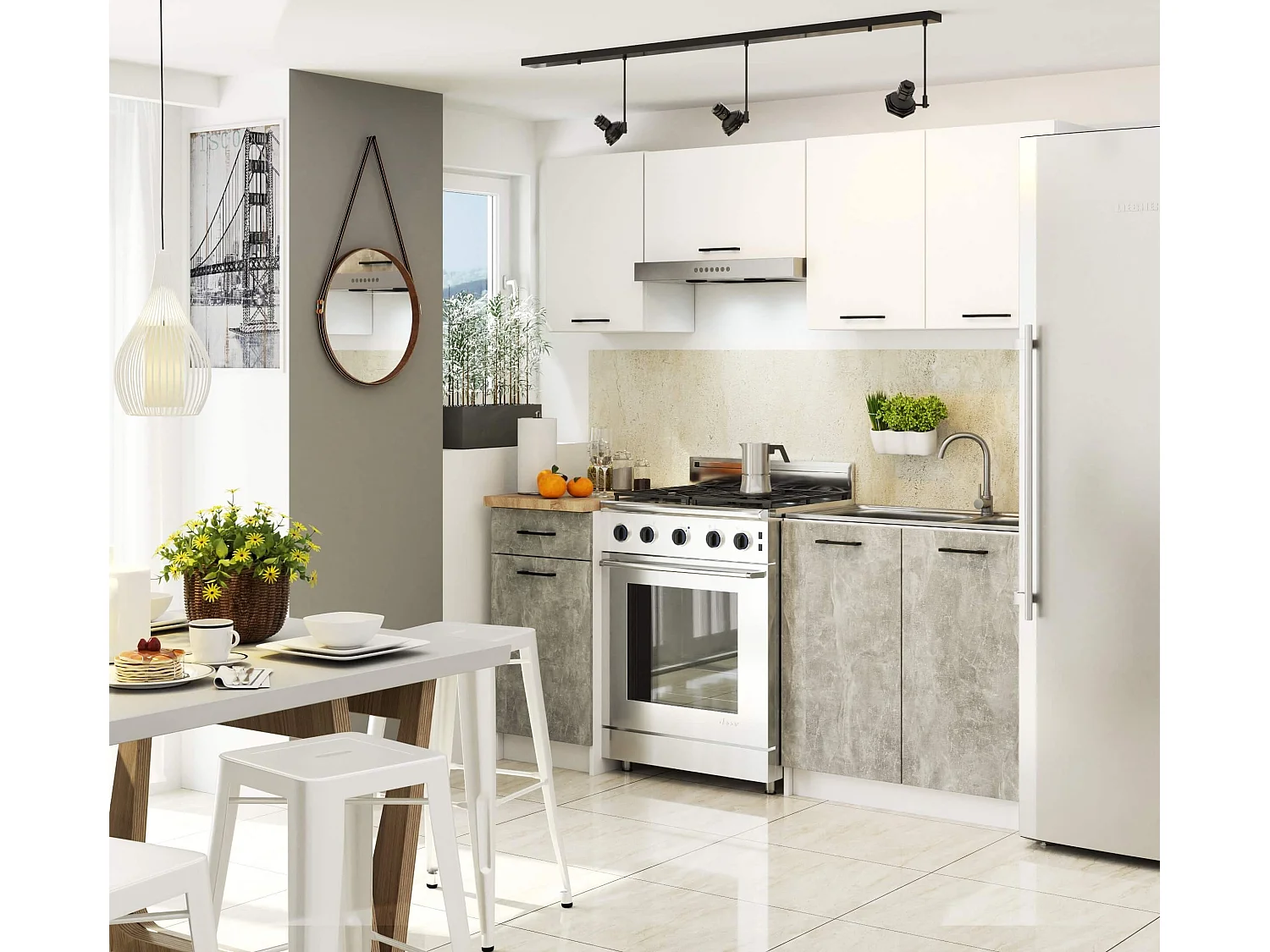 Ensemble De Cuisine AKORD OLIWIA 1.8m Blanc 180 cm 7 portes 1 tiroir façade Béton 8 étagères 180x46x203 cm