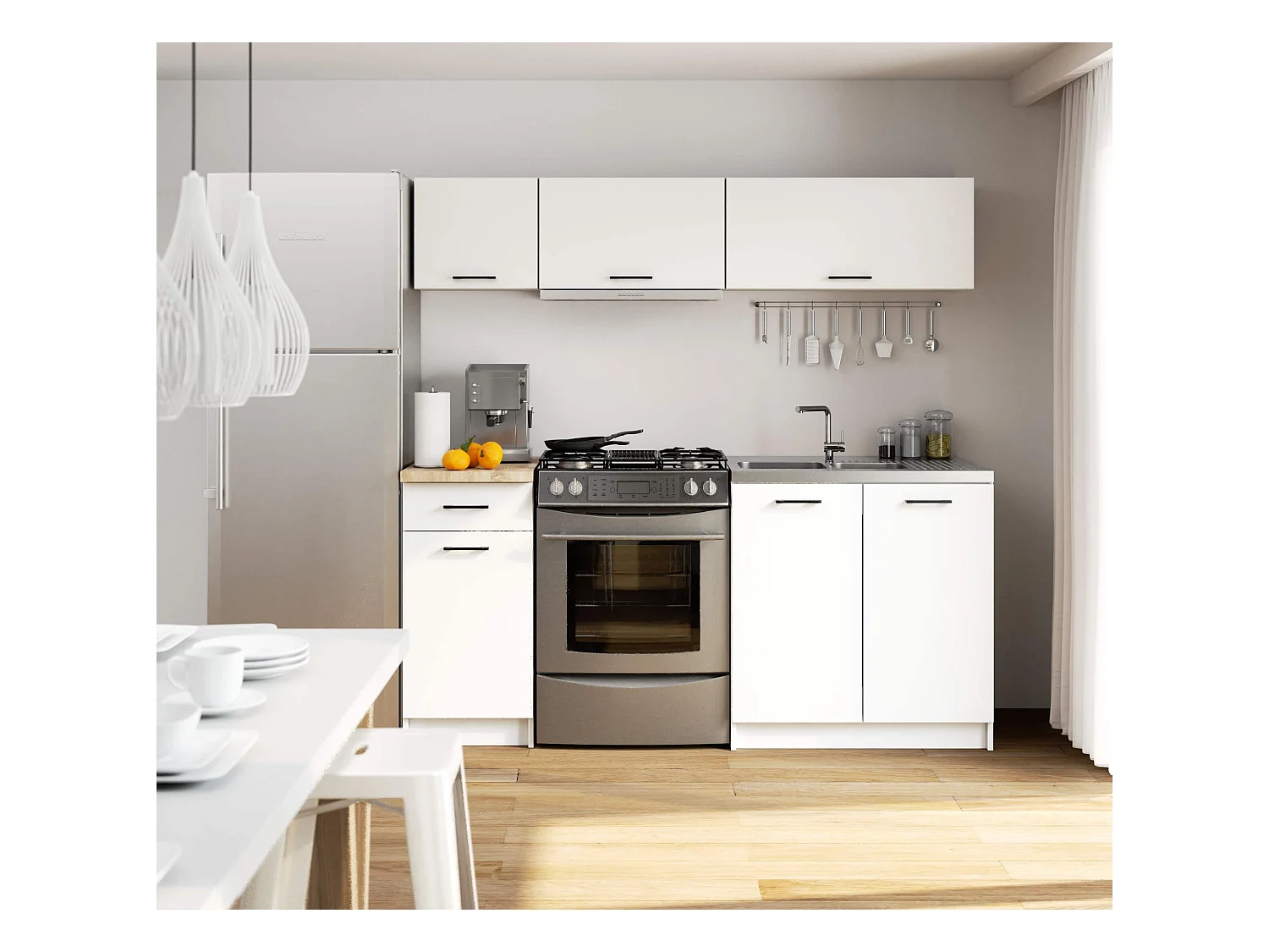 Ensemble De Cuisine AKORD OLIWIA G1 Blanc 180 cm 6 portes 1 tiroir façade Blanche 6 étagères 180x46x174 cm