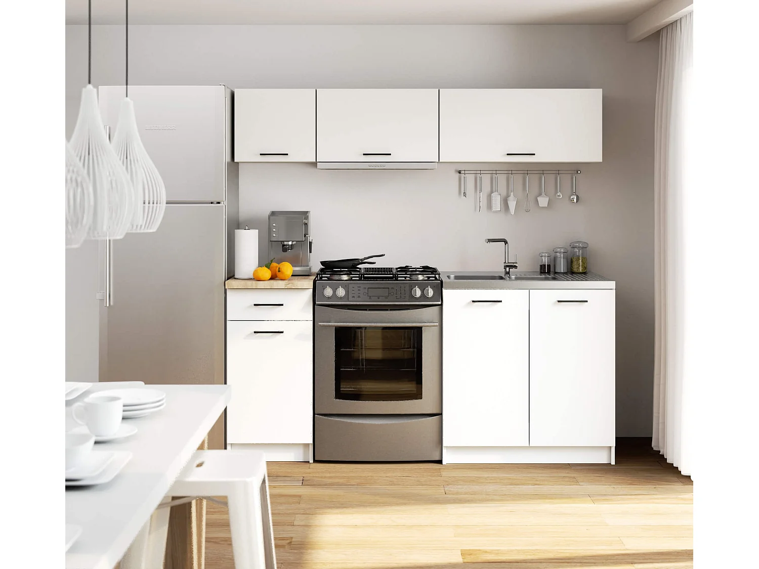 Conjunto de cocina AKORD OLIWIA G1 18m Blanco 180 cm 6 puertas 1 cajón frente en color Blanco 6 estantes 180x46x174 cm