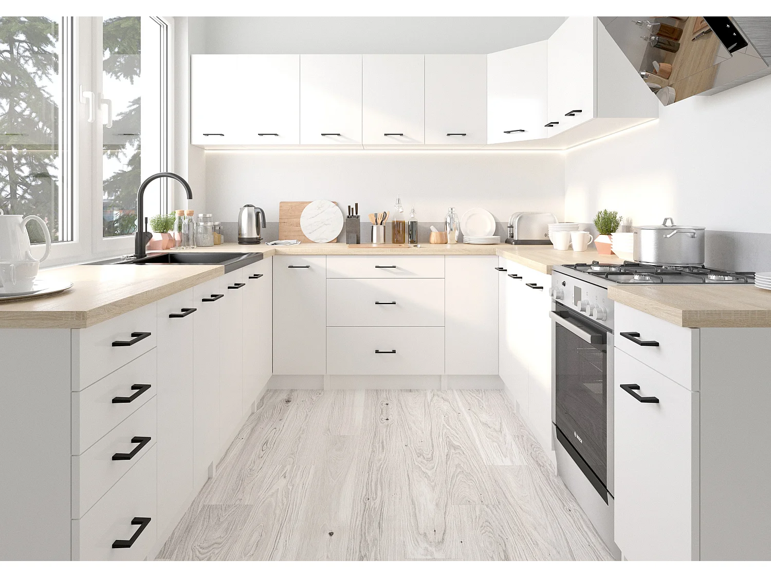 Conjunto de cocina AKORD OLIWIA G1 18m Blanco 180 cm 6 puertas 1 cajón frente en color Blanco 6 estantes 180x46x174 cm