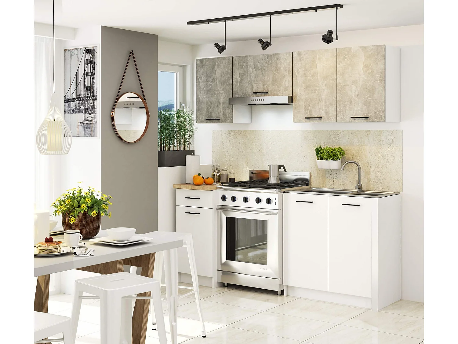 Complete Keuken, Keukenmeubelset OLIWIA met Verkblad 180 cm breed / Keukeneenheid zonder apparatuur / Beton Grijs - Wit / 180 x 203 x 46 cm