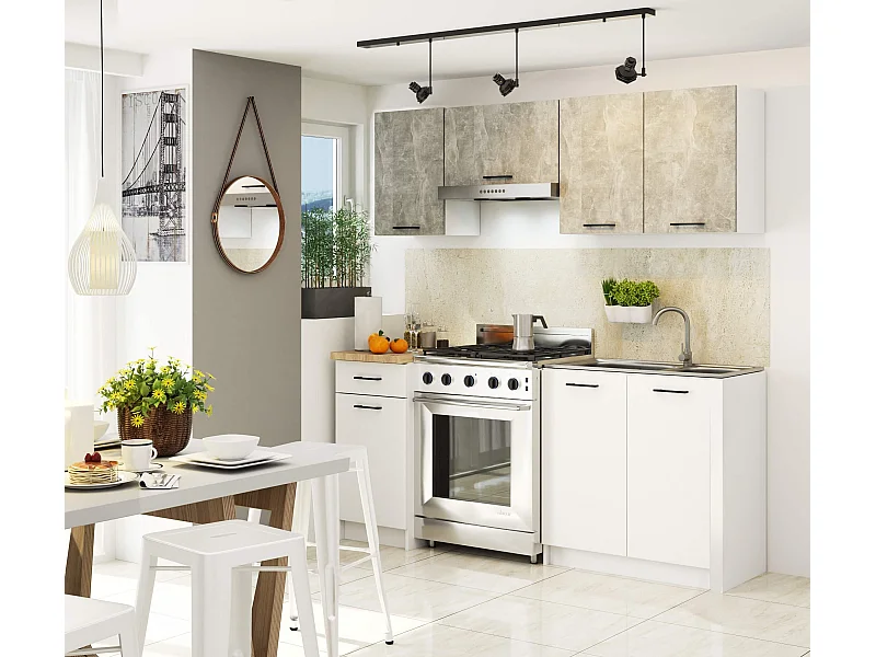 Complete Keuken, Keukenmeubelset OLIWIA met Verkblad 180 cm breed / Keukeneenheid zonder apparatuur / Beton Grijs - Wit / 180 x 203 x 46 cm