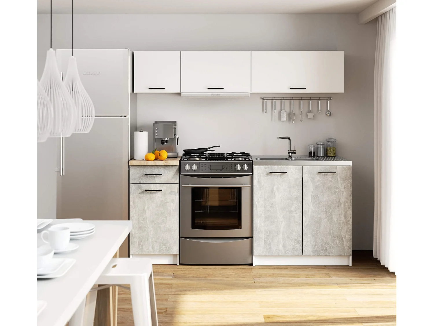 Oliwia G1 Keukenmeubelset - 180cm Betoontint/Bianco - Zelfmontage - 5-delige Set met Houten Werkblad - Modern en Stijlvol Design