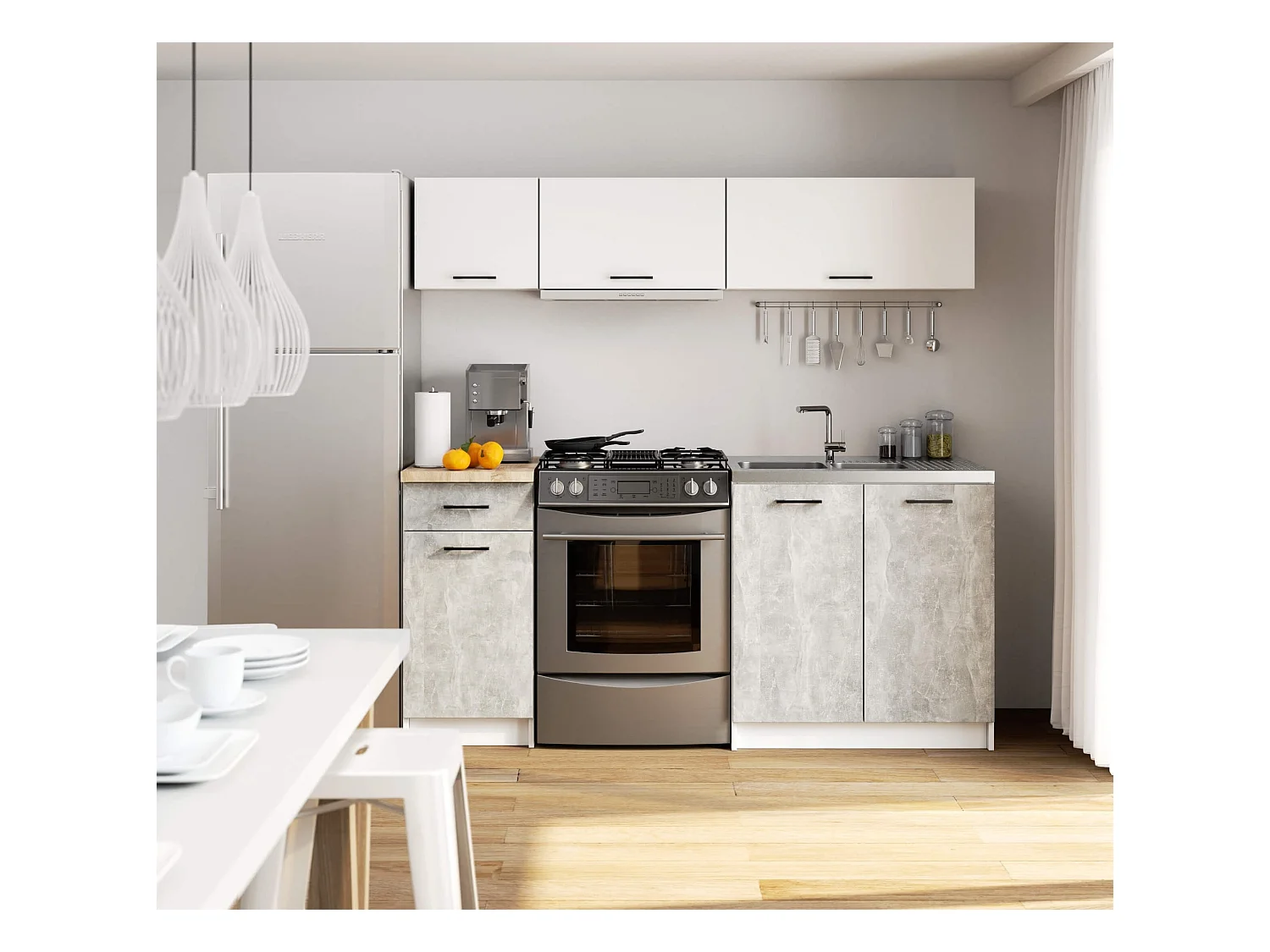 Ensemble De Cuisine AKORD OLIWIA G1 Blanc 180 cm 6 portes 1 tiroir façade Béton 6 étagères 180x46x174 cm
