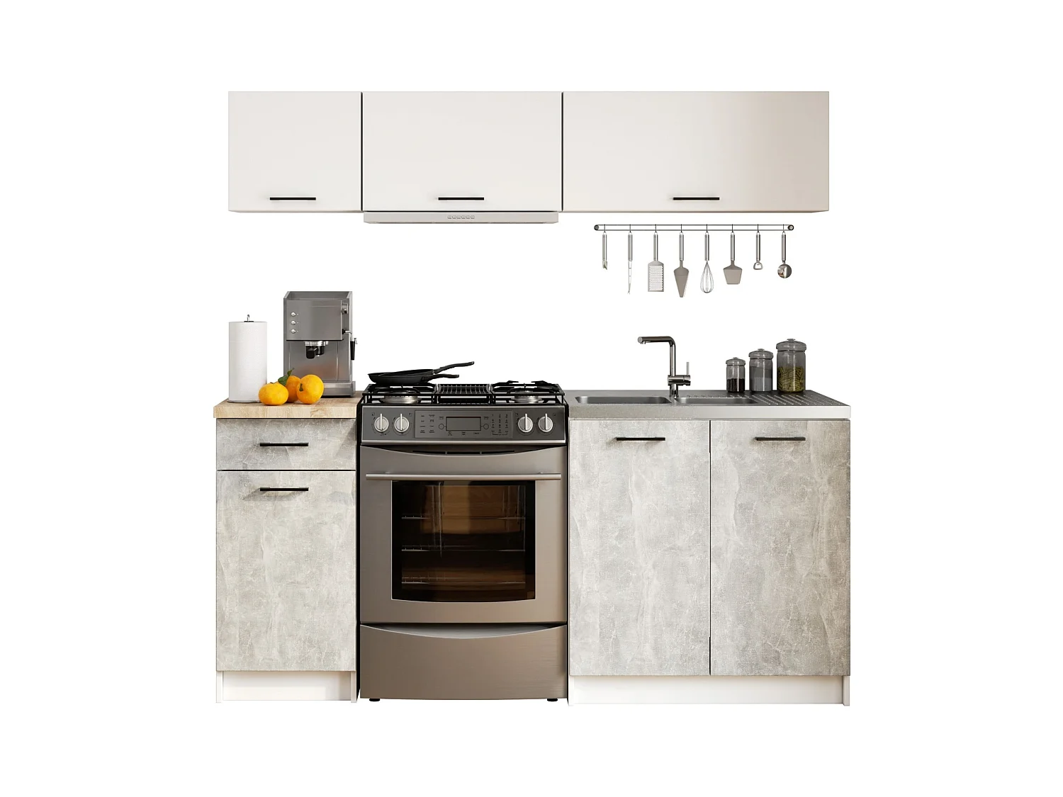 Ensemble De Cuisine AKORD OLIWIA G1 Blanc 180 cm 6 portes 1 tiroir façade Béton 6 étagères 180x46x174 cm