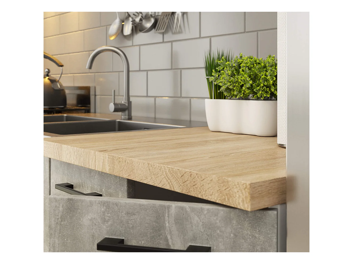 Ensemble De Cuisine AKORD OLIWIA G1 Blanc 180 cm 6 portes 1 tiroir façade Béton 6 étagères 180x46x174 cm