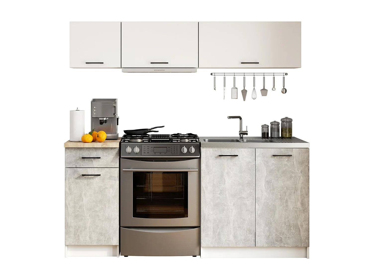 Complete Keuken, Keukenmeubelset OLIWIA G1 met Verkblad 180 cm breed / Keukeneenheid zonder apparatuur / Wit – Beton Grijs / 180 x 174 x 46 cm