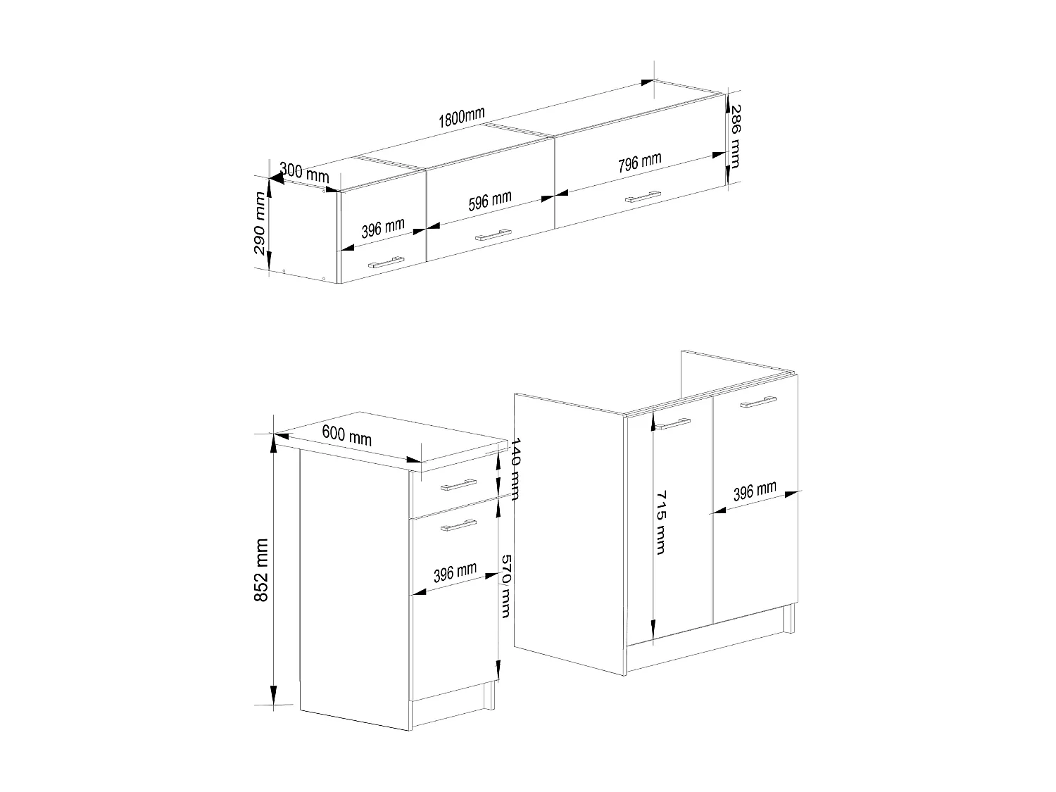 Complete Keuken, Keukenmeubelset OLIWIA G1 met Verkblad 180 cm breed / Keukeneenheid zonder apparatuur / Wit – Beton Grijs / 180 x 174 x 46 cm