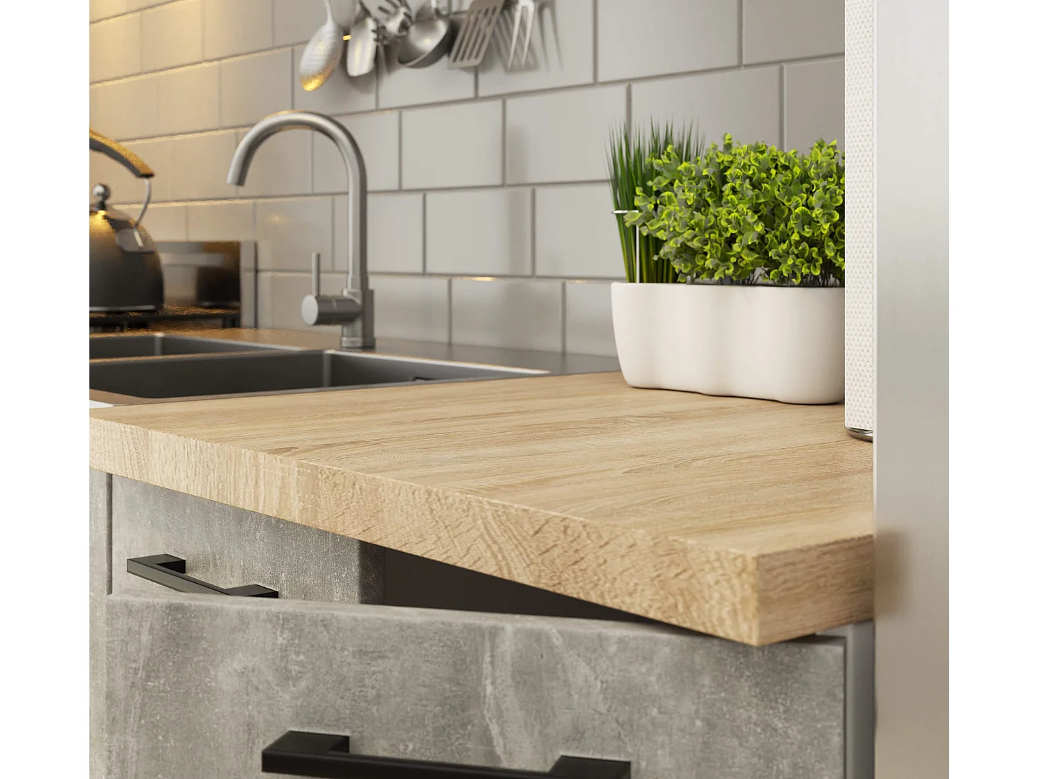 Complete Keuken, Keukenmeubelset OLIWIA G1 met Verkblad 180 cm breed / Keukeneenheid zonder apparatuur / Wit – Beton Grijs / 180 x 174 x 46 cm