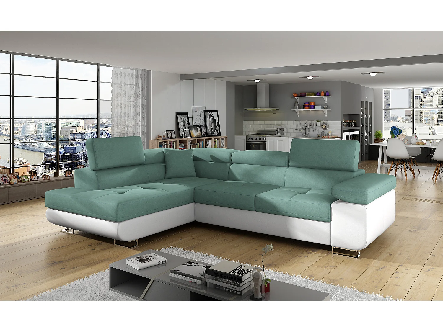 Canapé d'angle gauche convertible tissu bleu canard et simili blanc Marka 275cm