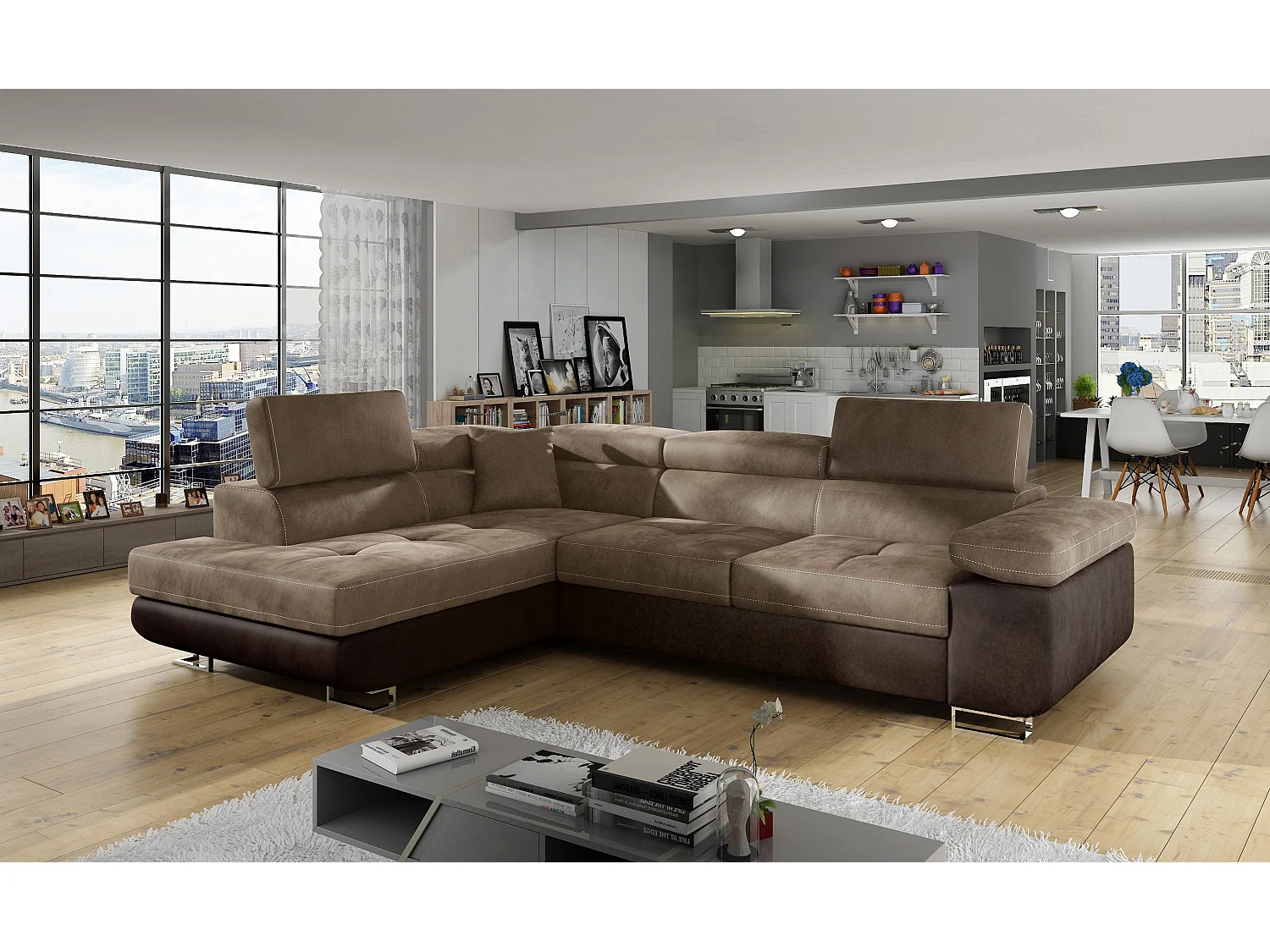 Canapé d'angle gauche convertible velours marron clair et marron foncé Marka 275cm