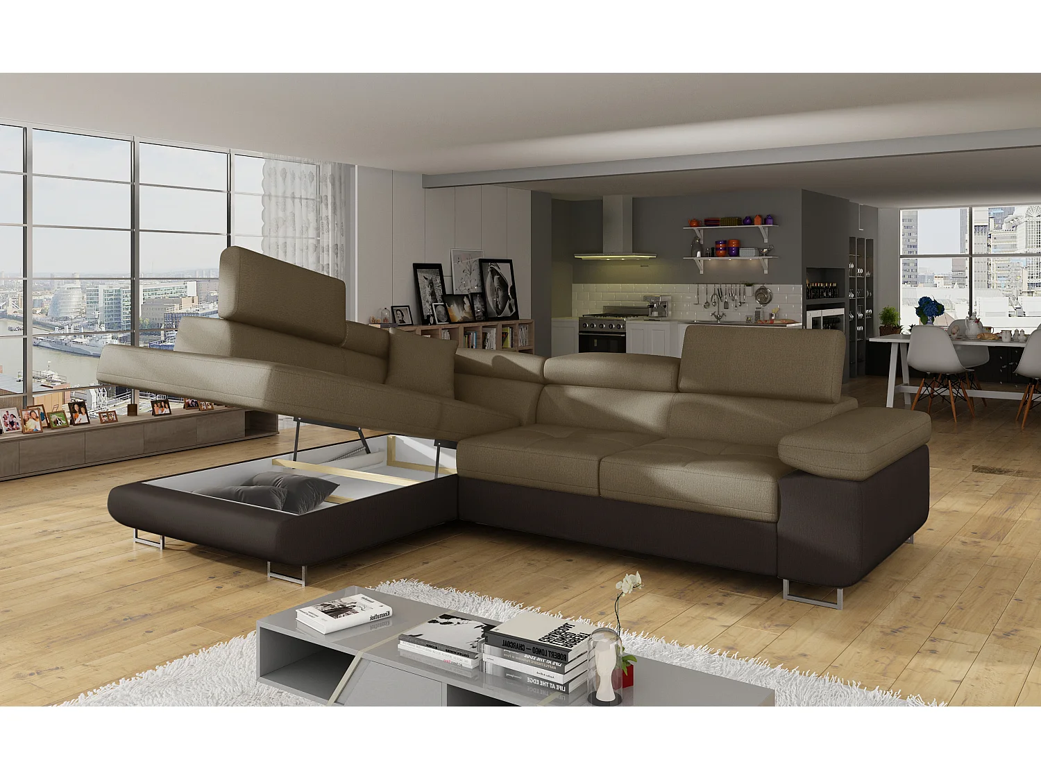 Canapé d'angle convertible velours MARKA - Coffre et appuis-tête réglables-Marron/Marron clair-angle gauche