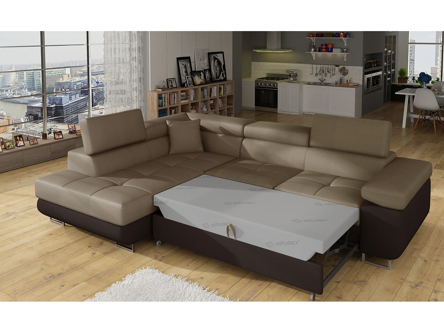 Canapé d'angle convertible velours MARKA - Coffre et appuis-tête réglables-Marron/Marron clair-angle gauche